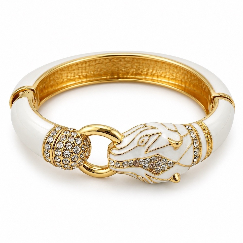 White Enamel Panther Head Bangle Bracelet Rhinestone Gold Tone Hinged